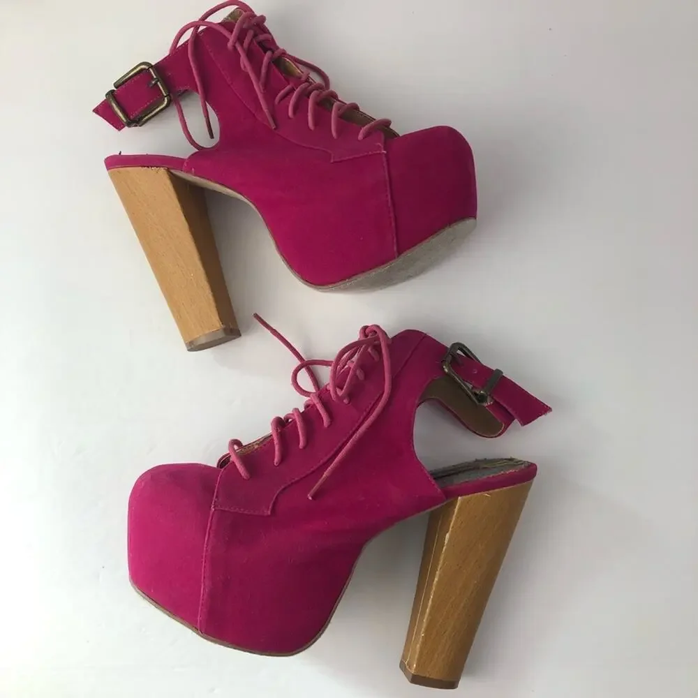 Vintage Shoe Republic LA Y2K Magenta Pink Velvety Platform Wooden Heels